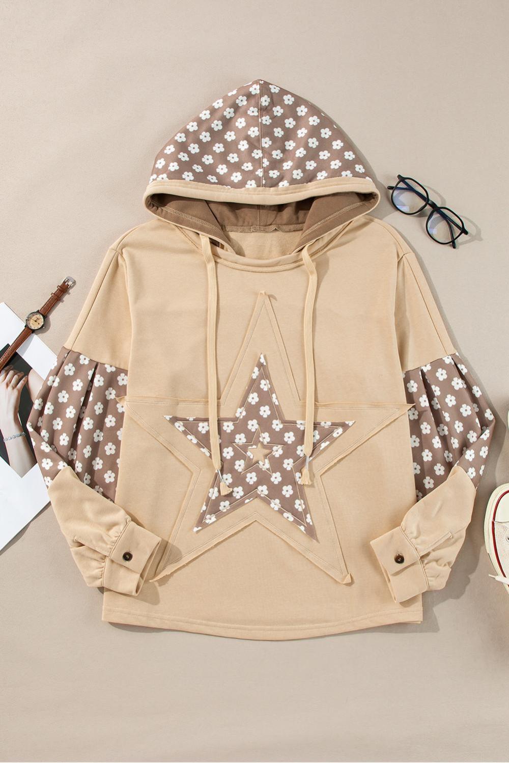 Sweatshirts & Hoodies | Apricot Floral Patchwork Star Pattern Drawstring Hoodie - Women