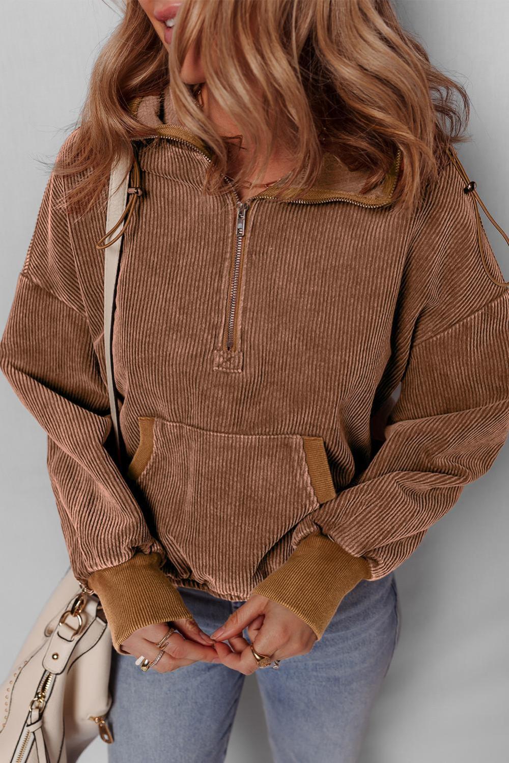 Sweatshirts & Hoodies | Chestnut Half Zipper Kangaroo Pocket Drawstring Corduroy Hoodie - Women