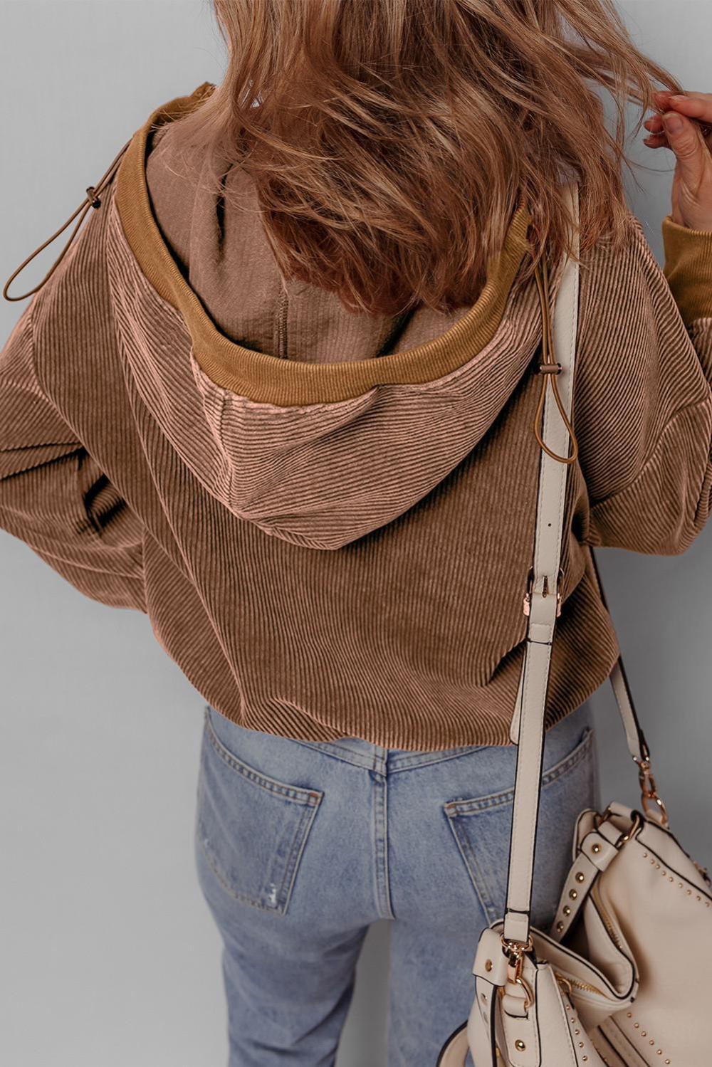 Sweatshirts & Hoodies | Chestnut Half Zipper Kangaroo Pocket Drawstring Corduroy Hoodie - Women