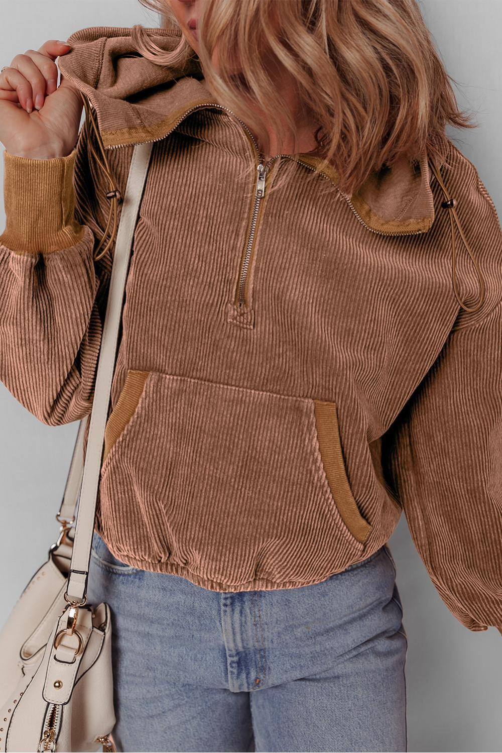 Sweatshirts & Hoodies | Chestnut Half Zipper Kangaroo Pocket Drawstring Corduroy Hoodie - Women