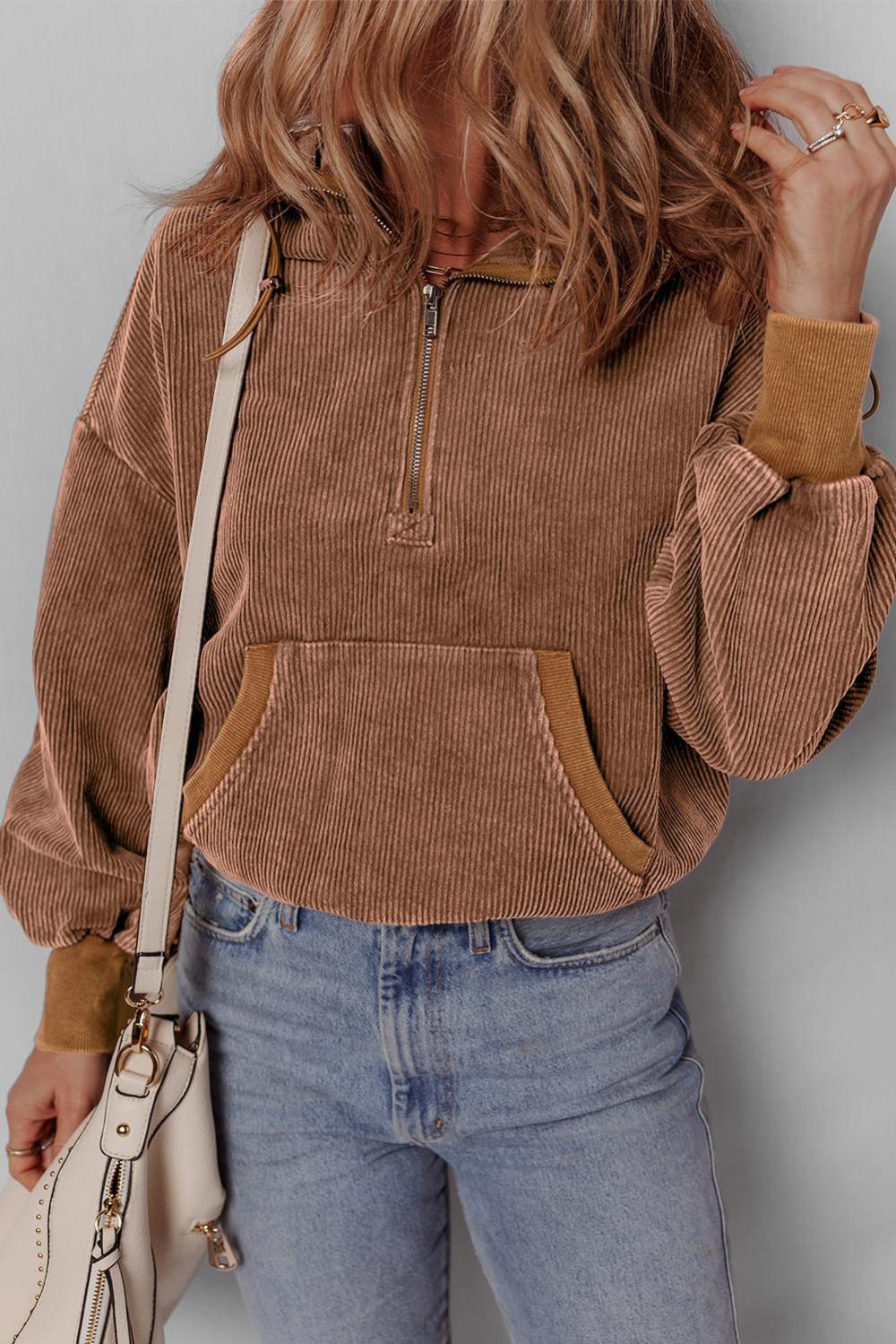 Sweatshirts & Hoodies | Chestnut Half Zipper Kangaroo Pocket Drawstring Corduroy Hoodie - Women
