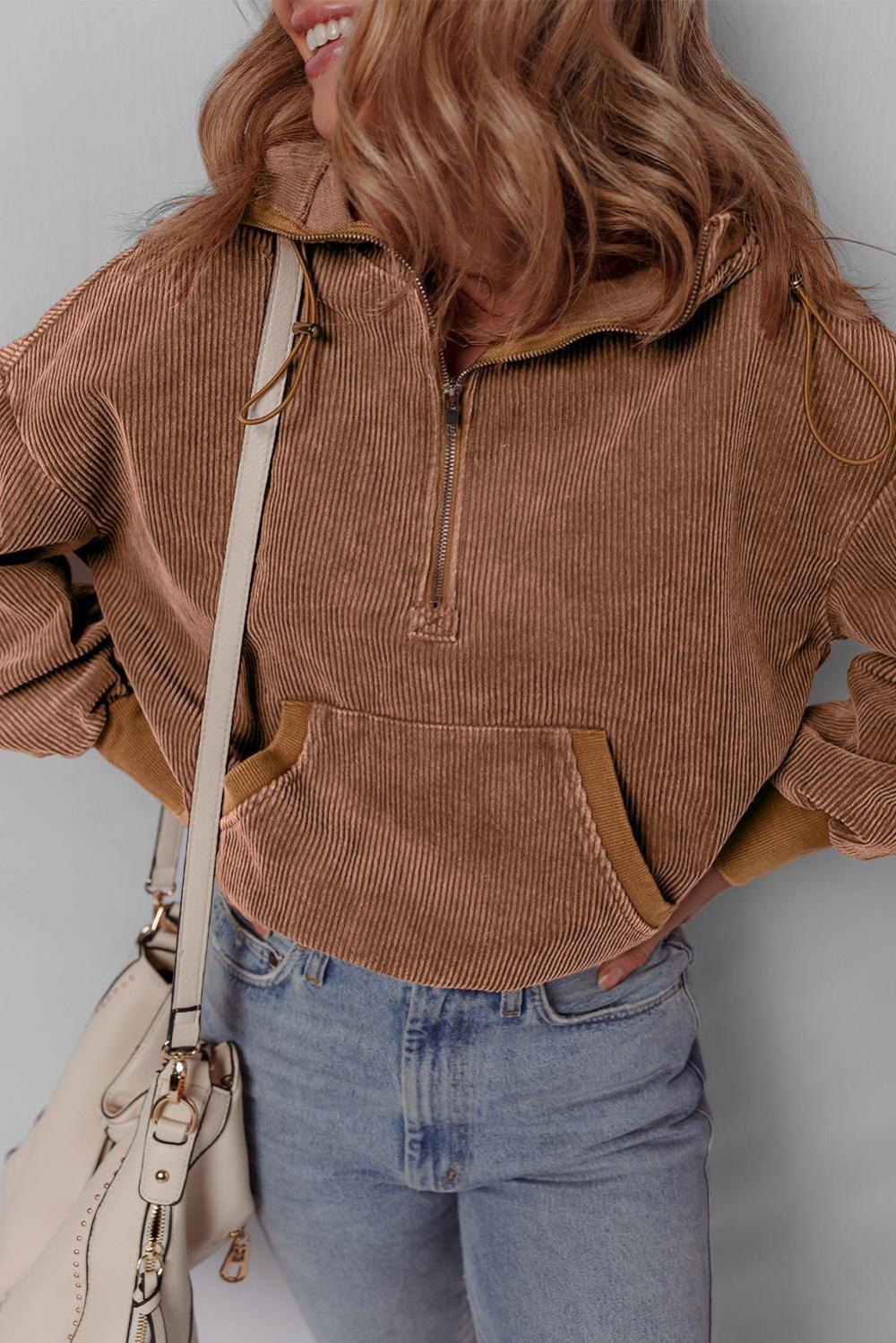 Sweatshirts & Hoodies | Chestnut Half Zipper Kangaroo Pocket Drawstring Corduroy Hoodie - Women