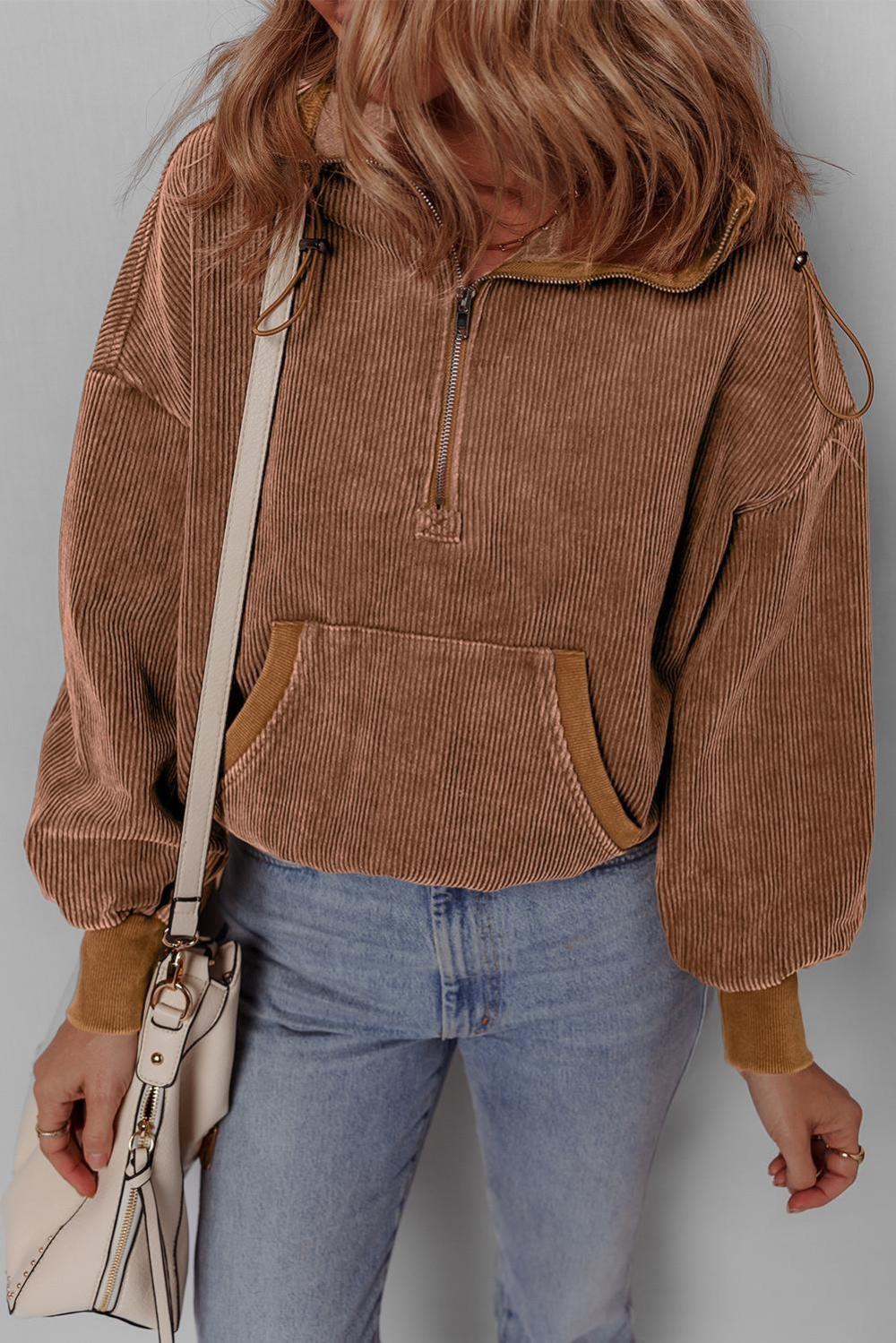Sweatshirts & Hoodies | Chestnut Half Zipper Kangaroo Pocket Drawstring Corduroy Hoodie - Women