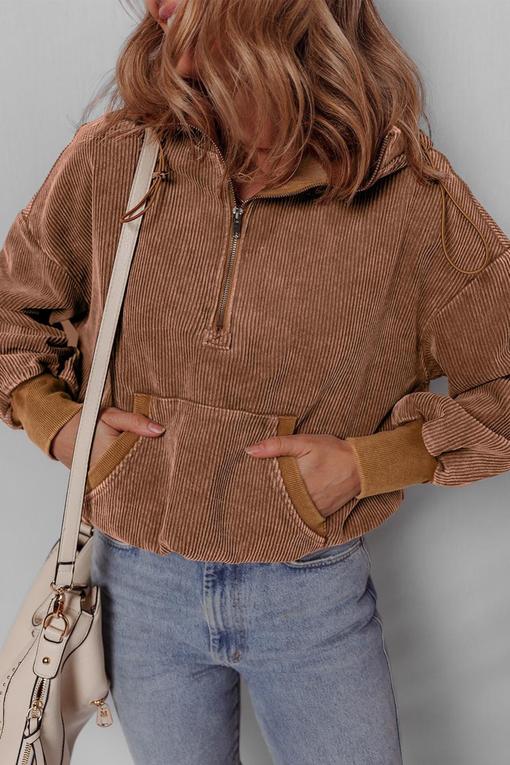 Sweatshirts & Hoodies | Chestnut Half Zipper Kangaroo Pocket Drawstring Corduroy Hoodie - Women