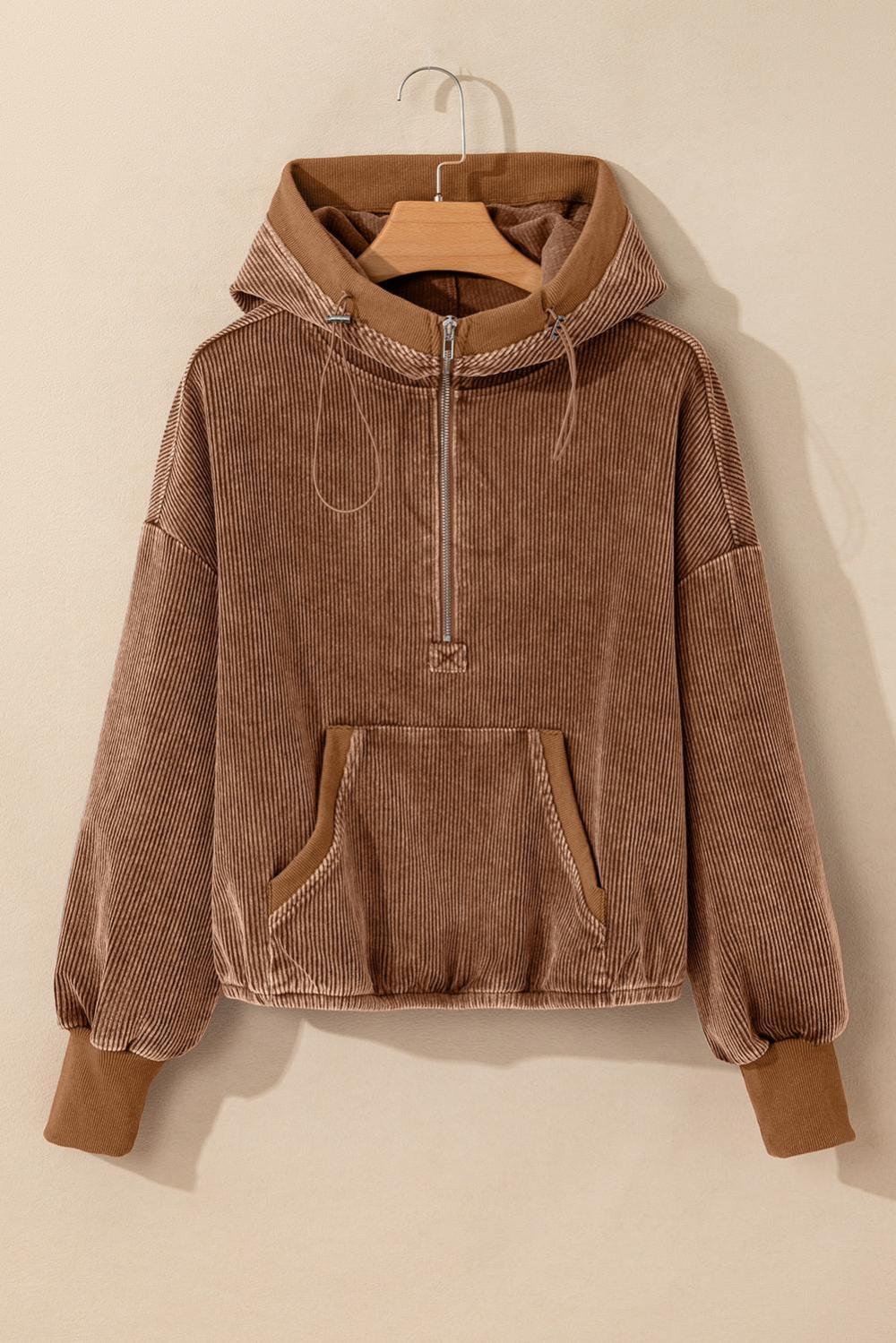 Sweatshirts & Hoodies | Chestnut Half Zipper Kangaroo Pocket Drawstring Corduroy Hoodie - Women