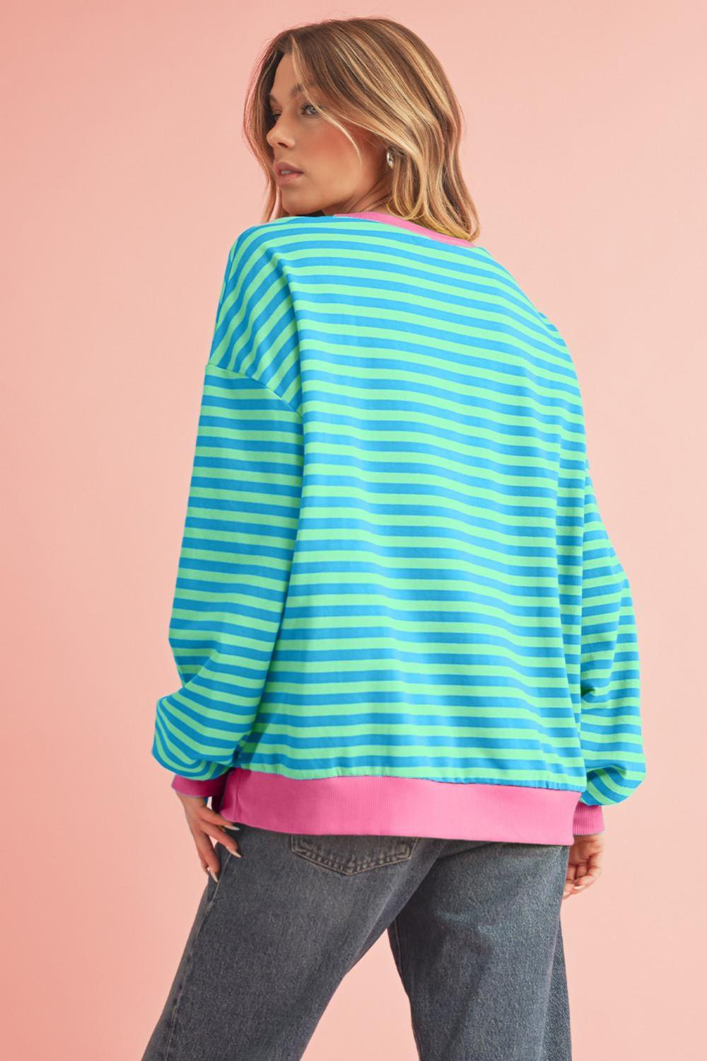 Sweatshirts & Hoodies | Sky Blue Stripe Contrast Edge Oversized Pullover - Women
