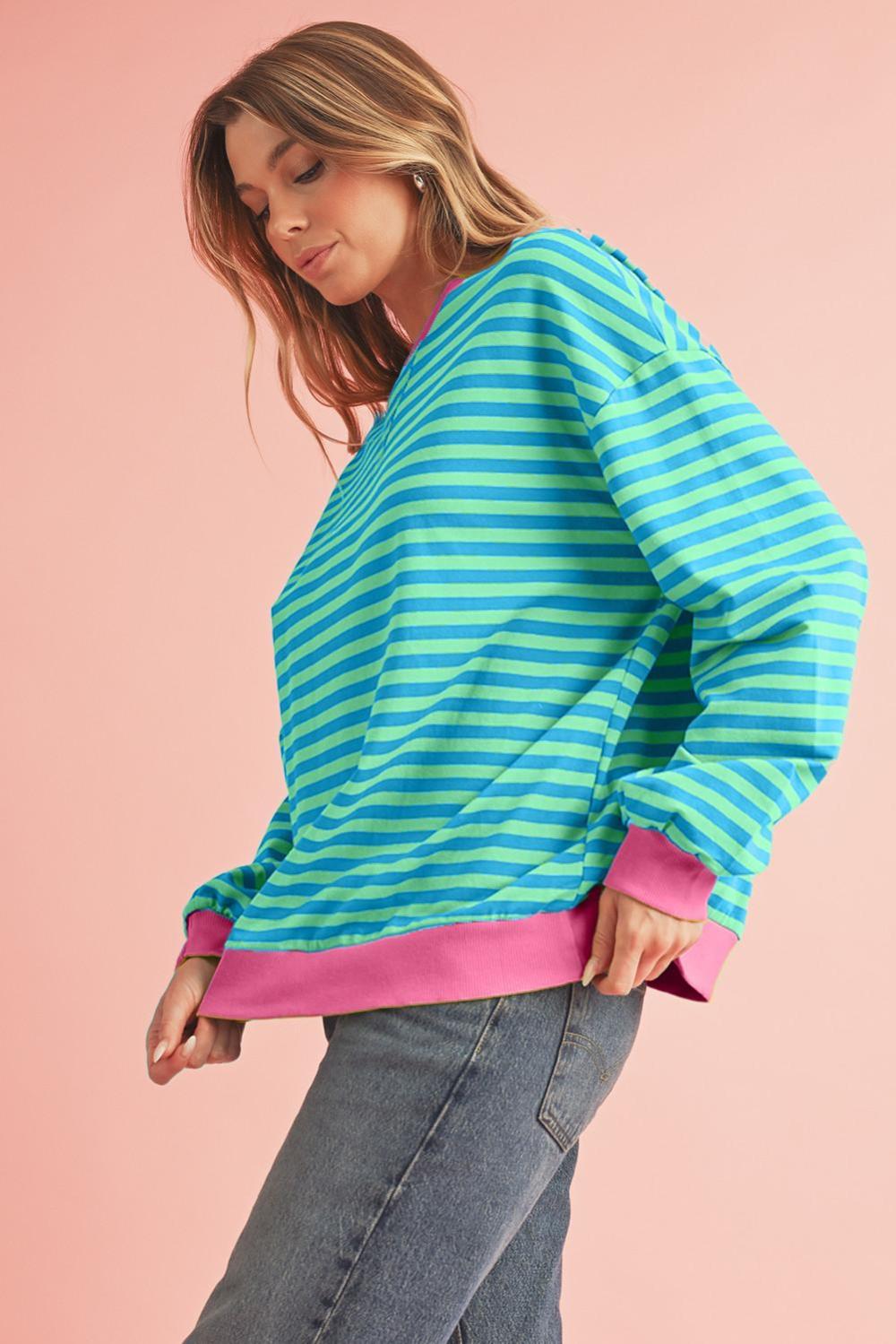 Sweatshirts & Hoodies | Sky Blue Stripe Contrast Edge Oversized Pullover - Women