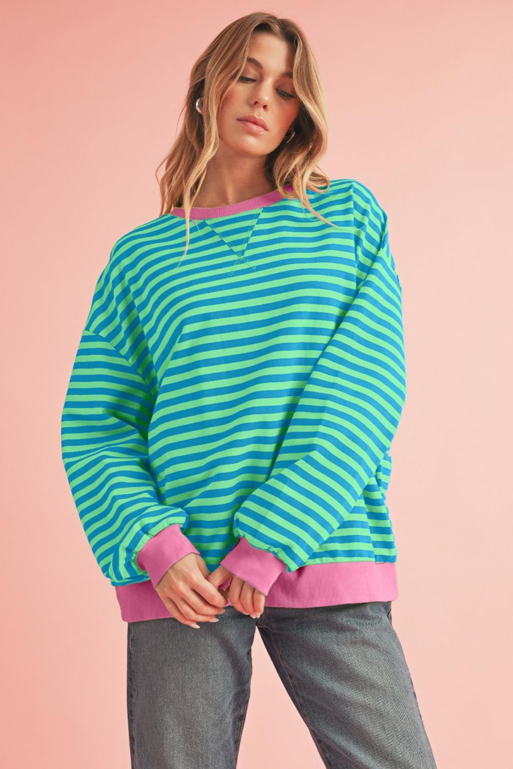 Sweatshirts & Hoodies | Sky Blue Stripe Contrast Edge Oversized Pullover - Women