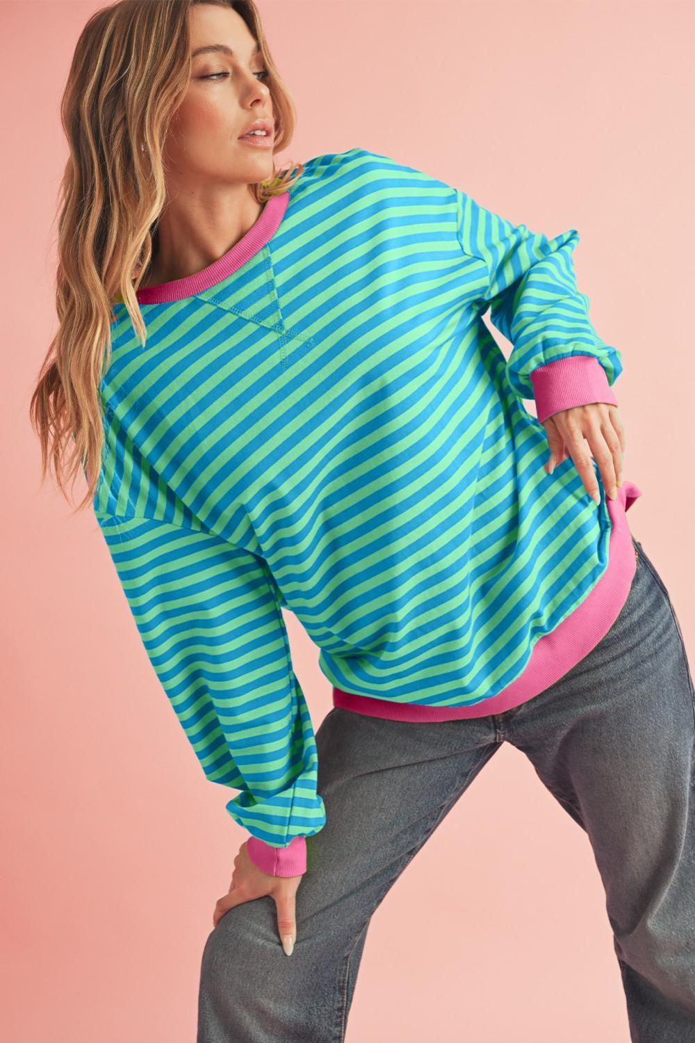Sweatshirts & Hoodies | Sky Blue Stripe Contrast Edge Oversized Pullover - Women