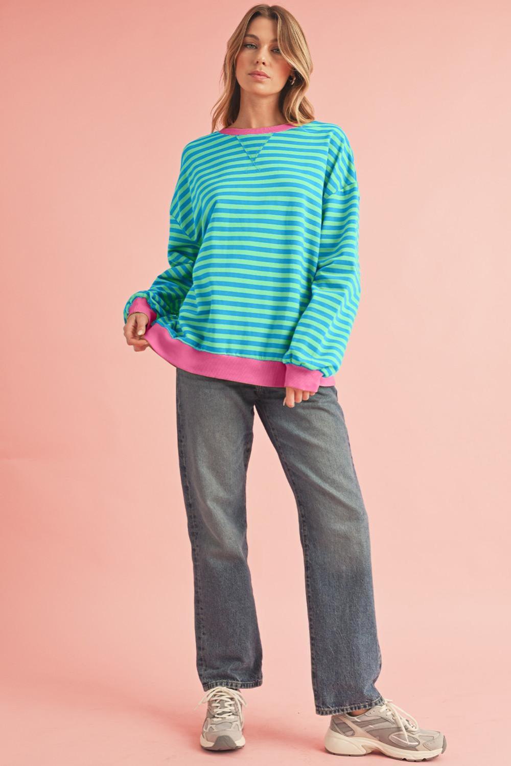 Sweatshirts & Hoodies | Sky Blue Stripe Contrast Edge Oversized Pullover - Women