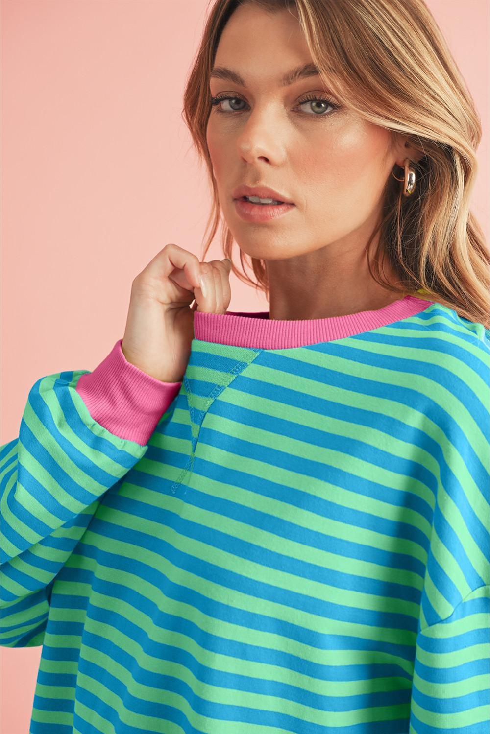Sweatshirts & Hoodies | Sky Blue Stripe Contrast Edge Oversized Pullover - Women