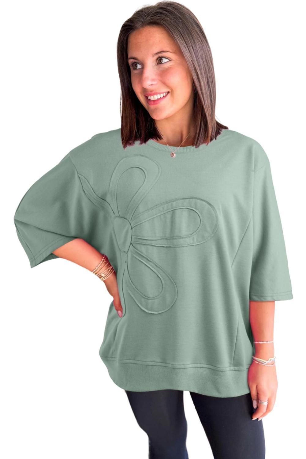 T Shirts | Clearly Aqua Solid Color Floral Patched Half Sleeve Tunic Top - Women