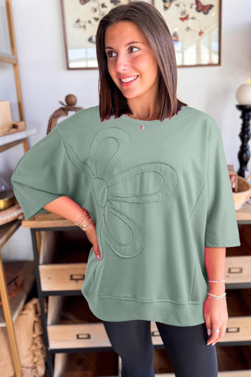 T Shirts | Clearly Aqua Solid Color Floral Patched Half Sleeve Tunic Top - Women