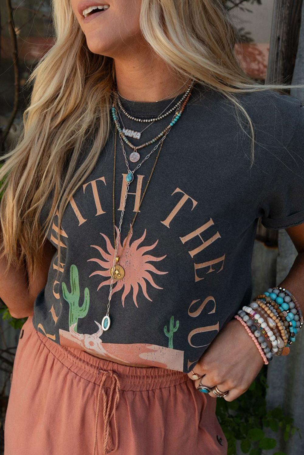 T Shirts | Dark Grey Rise With The Sun Graphic Tee - Women