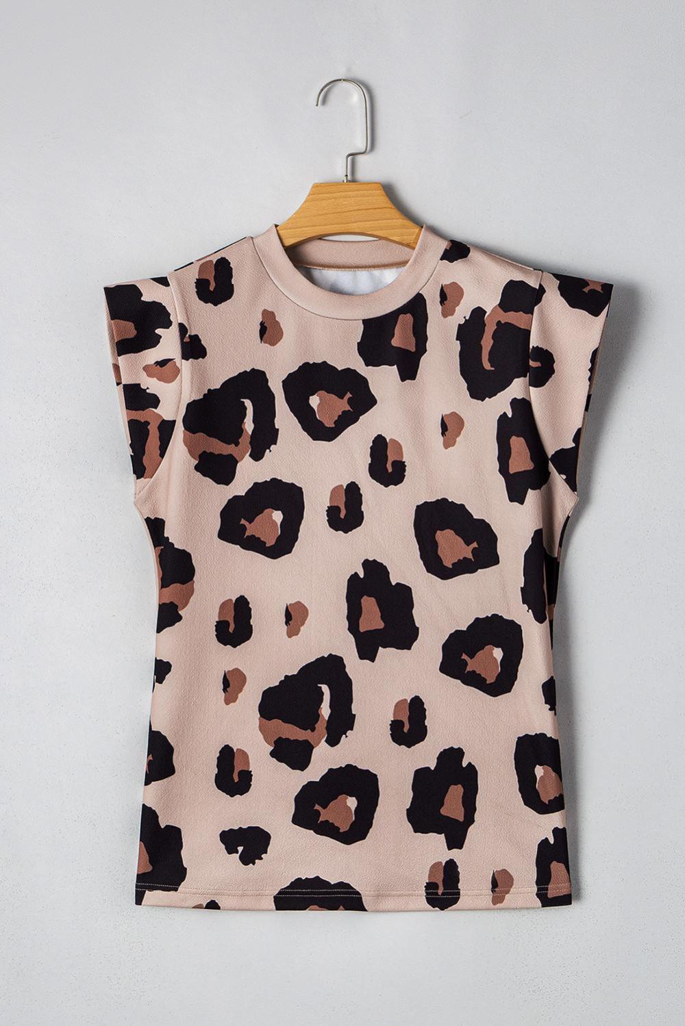 T Shirts | Khaki Leopard Round Neck Cap Sleeve Casual Tee - Women