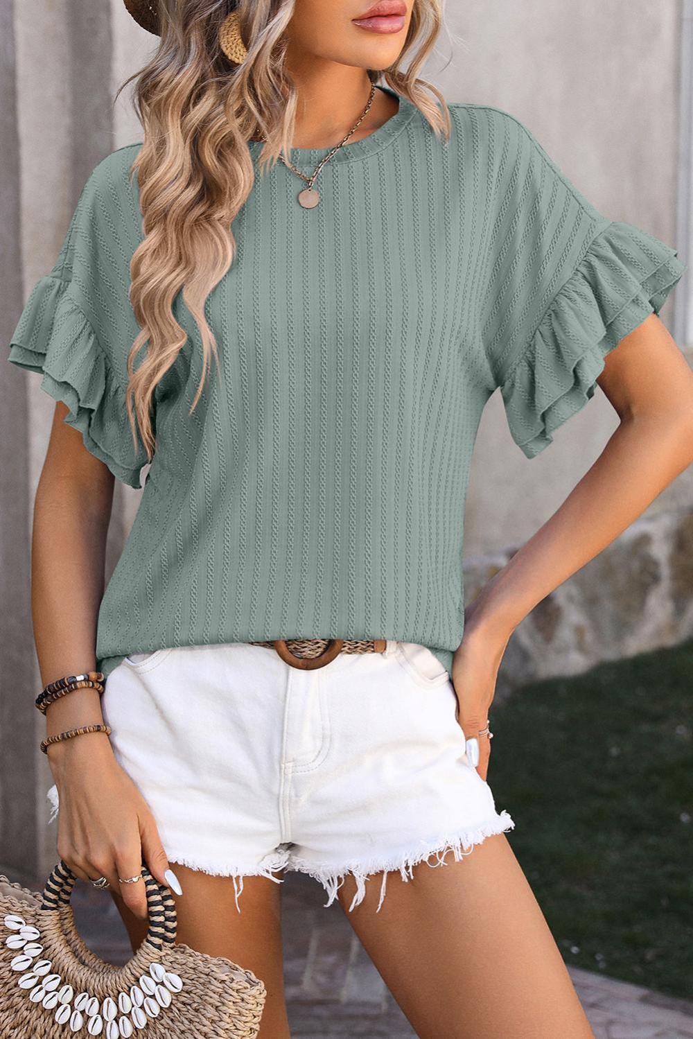 T Shirts | Mist Green Plain Textured Layered Ruffle Sleeve T Shirt - Women