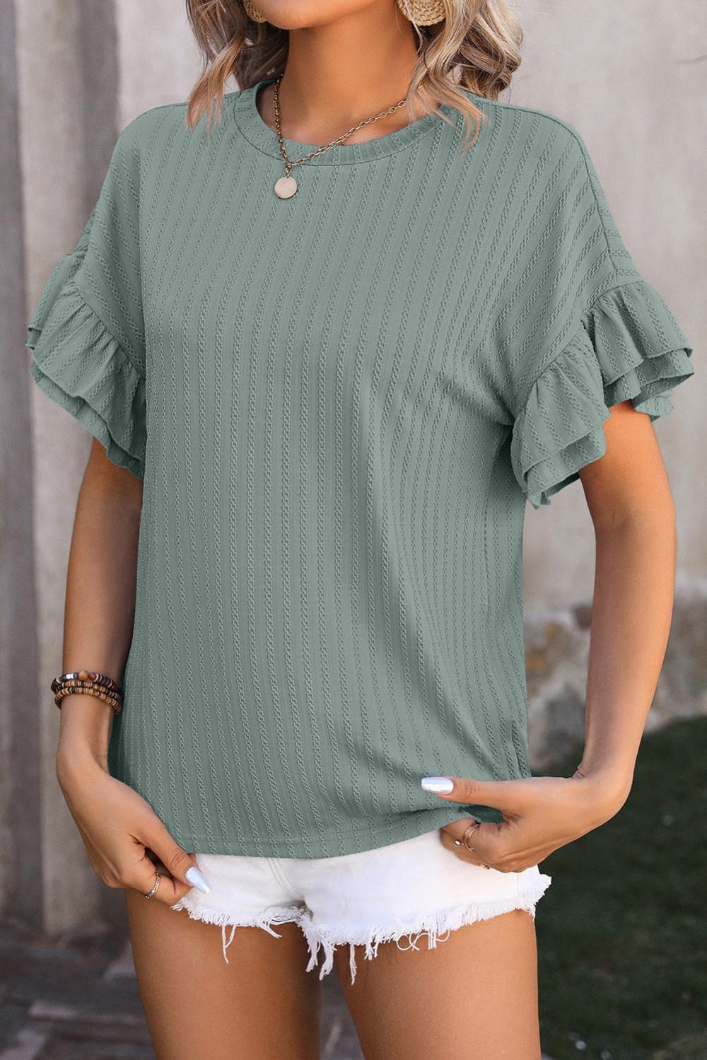 T Shirts | Mist Green Plain Textured Layered Ruffle Sleeve T Shirt - Women