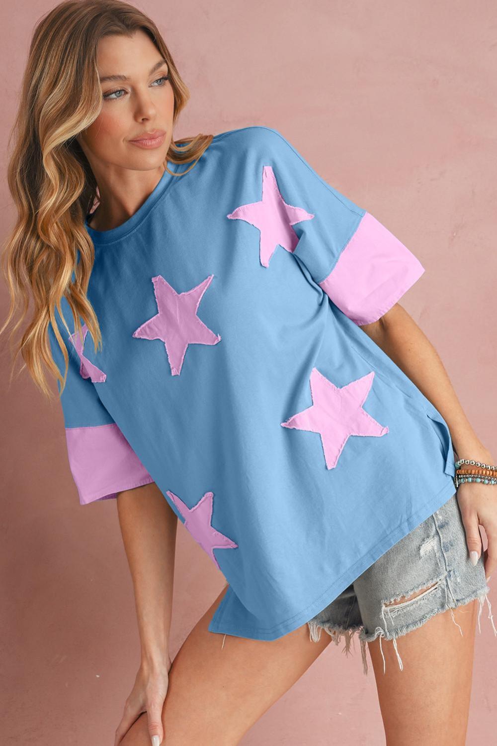 T Shirts | Myosotis Frayed Star Patched 4Th Of July Oversize T Shirt - Women