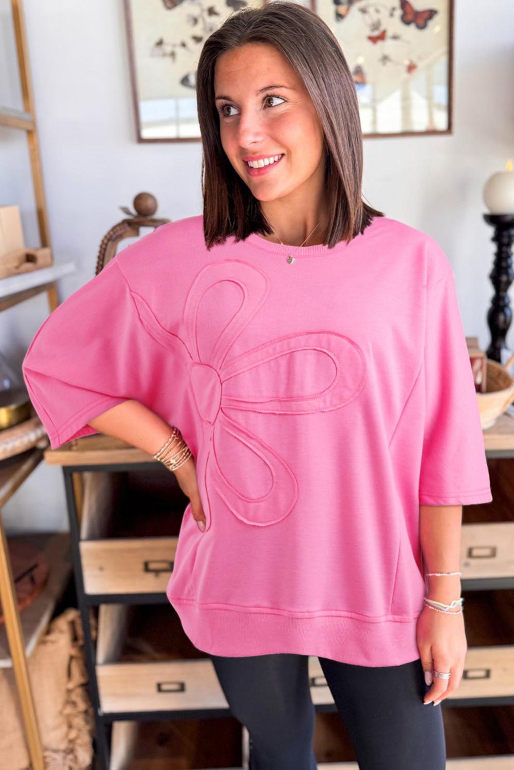 T Shirts | Sachet Pink Solid Color Floral Patched Half Sleeve Tunic Top - Women