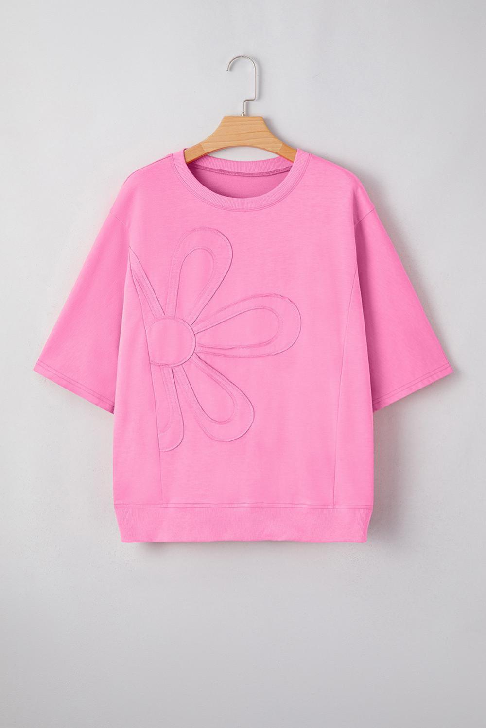 T Shirts | Sachet Pink Solid Color Floral Patched Half Sleeve Tunic Top - Women