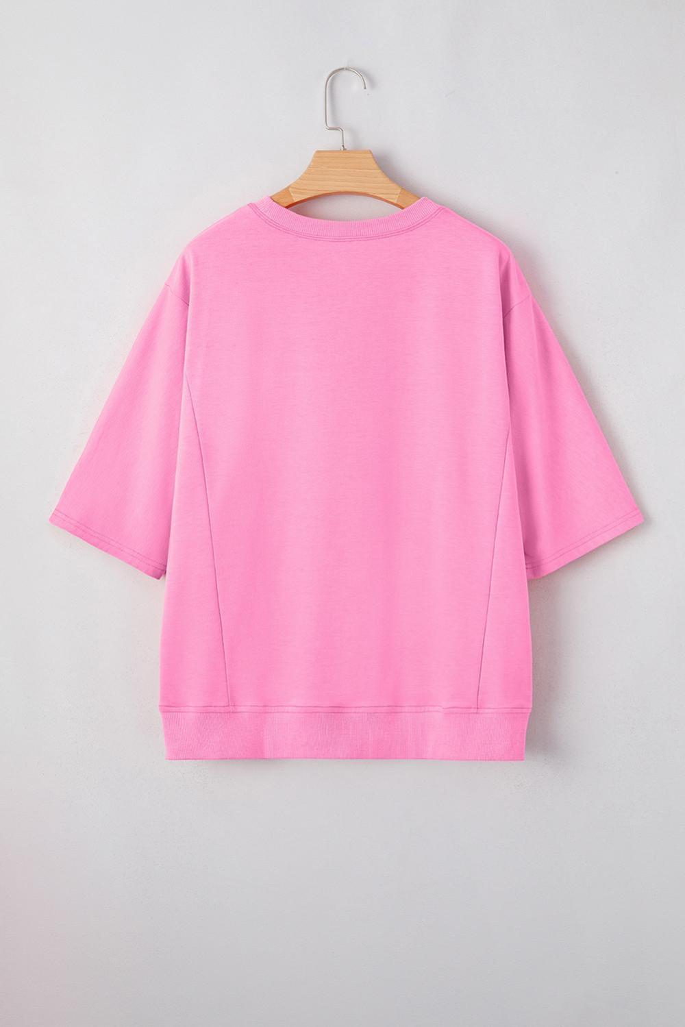 T Shirts | Sachet Pink Solid Color Floral Patched Half Sleeve Tunic Top - Women